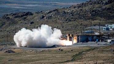 The US Navy, in collaboration with the US Army, conducts a static fire test of the first stage of the newly developed 34.5 common hypersonic missile that will be fielded by both services, in Promontory, Utah, US, in this handout image taken on October 28, 2021. (Reuters)