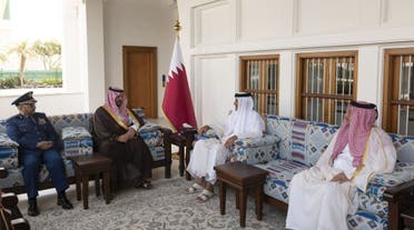Saudi Arabia's Prince Khalid, deputy defense minister, meets with Qatar's emir Sheikh Tamim bin Hamad. (Twitter)