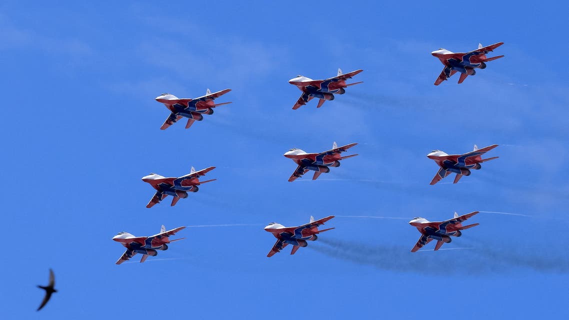 Russian MiG-29 jet fighters of the Strizhi (Swifts) aerobatic team perform during the MAKS 2021 air show in Zhukovsky, outside Moscow, Russia, July 25, 2021. (Reuters)