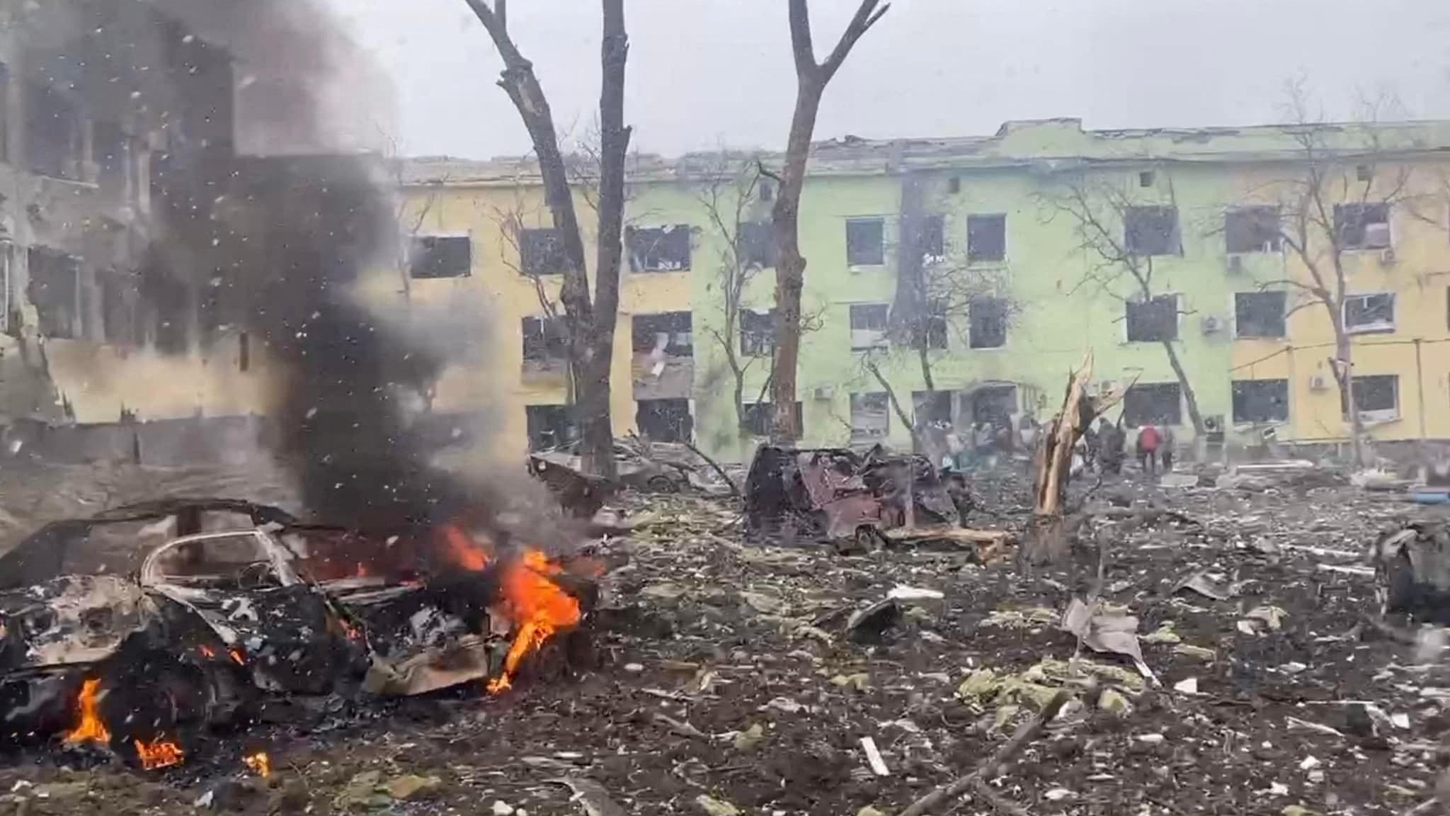 A view shows cars and a building of a hospital destroyed by an aviation strike amid Russia's invasion of Ukraine, in Mariupol, Ukraine, in this handout picture released March 9, 2022. (Reuters)