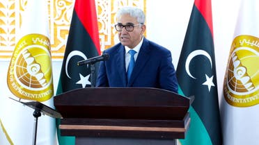 Fathi Bashagha, newly appointed as Libyan prime minister by the parliament, takes the oath in Tobruk, Libya, March 3, 2022. Media office of the new government/via REUTERS ATTENTION EDITORS - THIS IMAGE HAS BEEN SUPPLIED BY A THIRD PARTY. NO RESALES. NO ARCHIVES