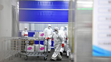 Staff members in protective suits transport goods at a newly built warehouse to storage and disinfect imported cold-chain products as a prevention method to curb the spread of the coronavirus disease (COVID-19), in Changchun, Jilin province, China January 25, 2021. (Reuters)