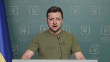 In this image from video provided by the Ukrainian Presidential Press Office and posted on Facebook, Ukrainian President Volodymyr Zelenskyy speaks in Kyiv, Ukraine, on Wednesday, March 9, 2022. (Ukrainian Presidential Press Office via AP)