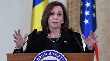 U.S. Vice President Kamala Harris attends a news conference with Romanian President Klaus Iohannis following meetings at Cotroceni Palace, amid Russia's invasion of Ukraine, in Bucharest, Romania, March 11, 2022. Saul Loeb/Pool via REUTERS