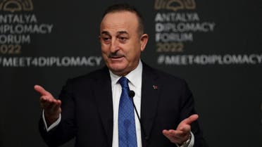 Turkish Foreign Minister Mevlut Cavusoglu speaks during a news conference after meeting with his counterparts Russian Sergei Lavrov and Ukrainian Dmytro Kuleba, amid Russia's invasion of Ukraine, in Antalya, Turkey March 10, 2022. (Reuters)