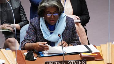 US Ambassador to the UN Linda Thomas-Greenfield speaks during a meeting of the United Nations Security Council on Threats to International Peace and Security, following Russia's invasion of Ukraine, in New York City, US, March 7, 2022. (Reuters)