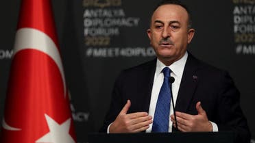 Turkish Foreign Minister Mevlut Cavusoglu speaks during a news conference after meeting with his counterparts Russian Sergei Lavrov and Ukrainian Dmytro Kuleba, amid Russia’s invasion of Ukraine, in Antalya, Turkey, on March 10, 2022. (Reuters)