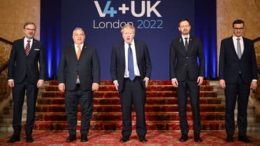 Czech Republic's Prime Minister Petr Fiala, Hungary's Prime Minister Viktor Orban, British Prime Minister Boris Johnson, Slovakia's Prime Minister Eduard Heger and Polish Prime Minister Mateusz Morawiecki pose for a family group photo following a plenary session as part of the V4 + UK summit with leaders of the V4 group, at Lancaster House, in London, Britain March 8, 2022. (Reuters)