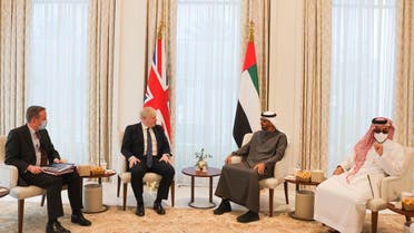Abu Dhabi Crown Prince Sheikh Mohammed bin Zayed and British Prime Minister Boris Johnson meet in Abu Dhabi on March 16, 2022. (Twitter)
