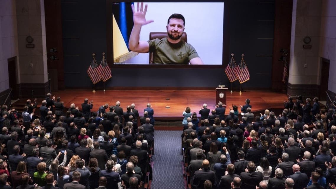 Ukrainian President Volodymyr Zelenskyy speaks to the US Congress by video, March 16, 2022. (AFP)