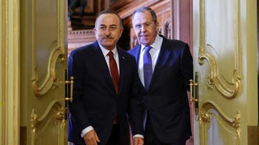 Russian Foreign Minister Sergei Lavrov and his Turkish counterpart Mevlut Cavusoglu attend a news conference following their talks in Moscow, Russia March 16, 2022. REUTERS/Maxim Shemetov/Pool