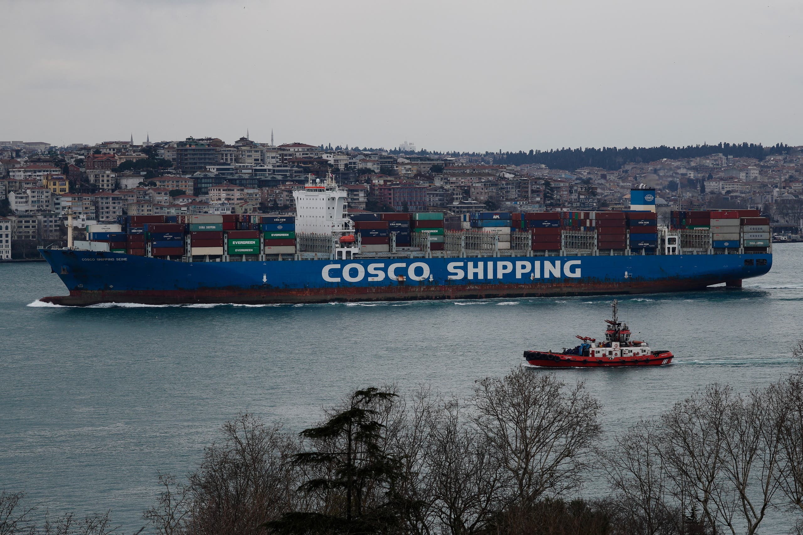 سفينة تجارية تمر عبر مضيف البوسفور في تركيا
