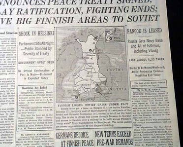 صورة بإحدى الجرائد عام 1940 تبرز خريطة الخسائر الفنلندية