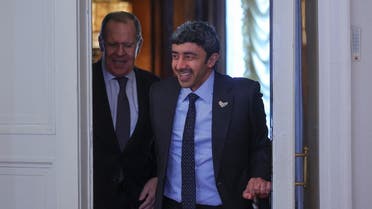 Russia's Foreign Minister Sergei Lavrov and the United Arab Emirates' Foreign Minister Sheikh Abdullah bin Zayed Al Nahyan enter a hall during a meeting in Moscow, Russia March 17, 2022. (Reuters)