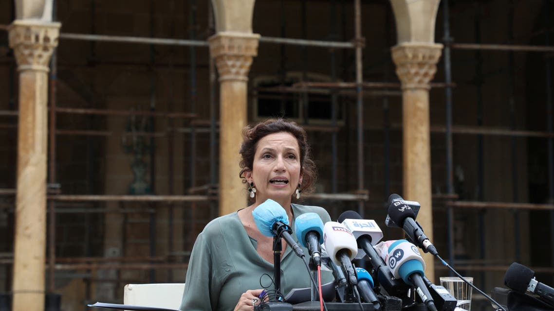 UNESCO Director-General Audrey Azoulay speaks during a news conference at Lady Cochrane Palace which was damaged due to the massive explosion at Beirut's port area, in Beirut, Lebanon August 27, 2020. (Reuters)