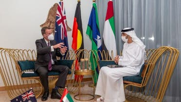 UAE's minister for foreign trade (R) pictured with Dan Tehan, Australia’s minister for trade, tourism, and investment (L) in a photo shared by the Australian minister on March 17, 2022. (Twitter)