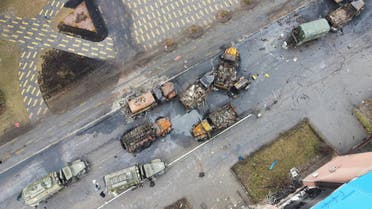 Destroyed Russian military vehicles are seen on a street in the settlement of Borodyanka, as Russia's invasion of Ukraine continues, in the Kyiv region, Ukraine March 3, 2022. (Reuters)