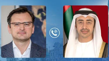 UAE foreign minister Sheikh Abdullah bin Zayed (R) and Ukrainian counterpart Dmytro Kuleba in this collage from March 19, 2022. (WAM)