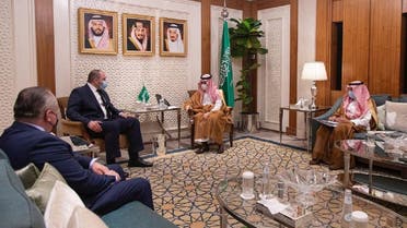 Saudi Arabia’s Minister of Foreign Affairs Prince Faisal bin Farhan meets with Bektum Rostam, a special envoy for Ukraine’s president, in Riyadh on March 19, 2022. (SPA)