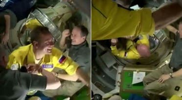 Russian cosmonauts Oleg Artemyev, Denis Matveev and Sergey Korsakov pose for a picture at the International Space Station (ISS) March 19, 2022. (Twitter)