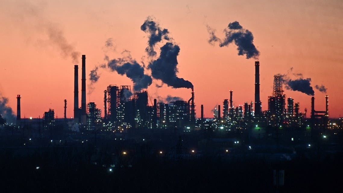 A general view shows a local oil refinery during sunset in Omsk, Russia, on March 16, 2022. (Reuters)