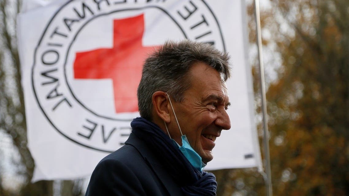 International Committee of the Red Cross (ICRC) President Peter Maurer visits a children’s hospital, which is under reconstruction in the rebel-controlled town of Horlivka (Gorlovka) near Donetsk, Ukraine, on November 6, 2020. (Reuters)