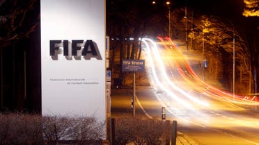 A long exposure shows FIFA's logo near its headquarters in Zurich, Switzerland February 27, 2022. (Reuters)