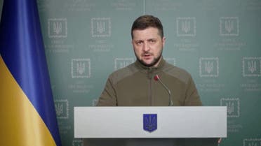 Ukraine's President Volodymyr Zelenskiy speaks during a video address as Russia's attack on Ukraine continues, in Kyiv, Ukraine March 22, 2022. Ukrainian Presidential Press Service/Handout via REUTERS ATTENTION EDITORS - THIS IMAGE HAS BEEN SUPPLIED BY A THIRD PARTY.