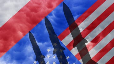 USA and Russia flags. 3D render stock photo USA VS Russia conflict. Square flags. Nuclear weapons. Cold war illustration. 3D render
