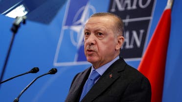 Turkish President Tayyip Erdogan speaks during a news conference following a NATO summit, in Brussels, Belgium, March 24, 2022. (Reuters)