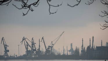 A file photo shows harbor cranes at the trade port in Mariupol which is a major hub for wheat and corn, Ukraine, Feb. 23, 2022. (AP)