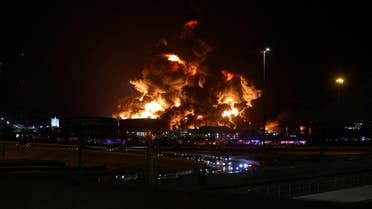 A view of a fire at Saudi Aramco's petroleum storage facility, after an attack, in Jeddah, Saudi Arabia March 25, 2022. (Reuters)