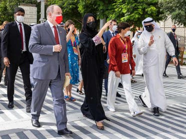 Prince Albert II of Monaco with Reem al-Hashmi, UAE Minister of State for International Cooperation and Director General at Expo 2020 Dubai. (Supplied)