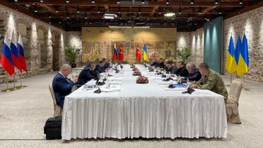 Members of the Ukrainian delegation attend the talks with Russian negotiators, as Russia's attack on Ukraine continues, in Istanbul, Turkey March 29, 2022. Ukrainian Presidential Press Service/Handout via REUTERS ATTENTION EDITORS - THIS IMAGE HAS BEEN SUPPLIED BY A THIRD PARTY.