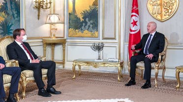 Tunisia’s President Kais Saied meets with EU commissioner for enlargement, Oliver Varhelyi, in Tunis, Tunisia on March 29, 2022. (Reuters)