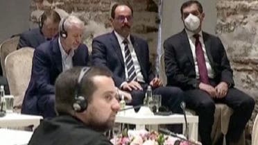 Russian billionaire Roman Abramovich listens as Turkish President Tayyip Erdogan (not seen) addresses Russian and Ukrainian negotiators before their face-to-face talks in Istanbul, Turkey, on March 29, 2022, in this screen grab taken from a video. (Reuters)