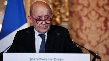 French Foreign Minister Jean-Yves Le Drian attends a joint news conference with Dutch counterpart Wopke Hoekstra (not pictured) in Paris, France, on January 28, 2022. (Reuters)