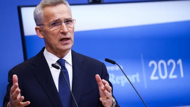 NATO General Secretary Jens Stoltenberg speaks during a press conference to present North Atlantic Treaty Organization (NATO)'s Annual Report for 2021 at the NATO headquarters in Brussels on March 31, 2022. (Photo by Kenzo TRIBOUILLARD / AFP)  belgium - nato - defence  belgium - nato - defence  belgium - nato - defence
