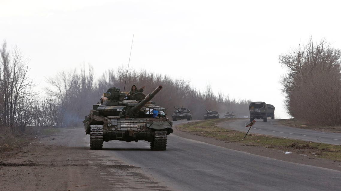 A view shows an armoured convoy of pro-Russian troops during Ukraine-Russia conflict on a road near the southern port city of Mariupol, Ukraine April 3, 2022. Picture taken April 3, 2022. REUTERS/Alexander Ermochenko