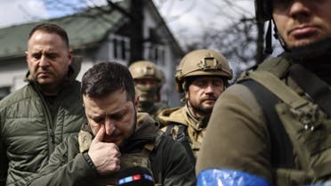 resident Volodymyr Zelensky (2nd L) walks in the town of Bucha, just northwest of the Ukrainian capital Kyiv on April 4, 2022. (AFP)