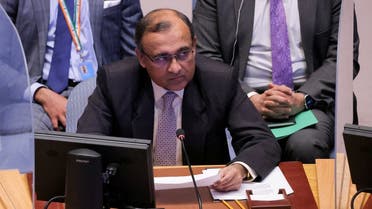India’s Ambassador to the United Nations T. S. Tirumurti addresses the United Nations Security Council during a meeting, amid Russia’s invasion of Ukraine, at the United Nations Headquarters in Manhattan, New York City, on April 5, 2022. (Reuters)