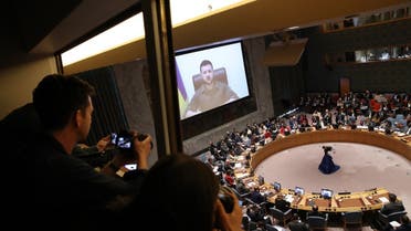 Ukrainian President Volodymyr Zelenskyy addresses the United Nations Security Council via video link on April 5, 2022 in New York City. (AFP)