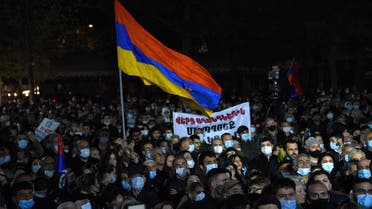 Armenians rally to demand Prime Minister Nikol Pashinyan’s resignation in Yerevan on November 8, 2021, a year after Pashinyan signed a Russian-brokered ceasefire agreement with Azerbaijan. (File photo: AFP)                  