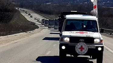 ICRC teams lead a convoy of buses and private cars with over 500 people to Ukraine’s Zaporizhzhia on April 6, 2022. (Twitter)