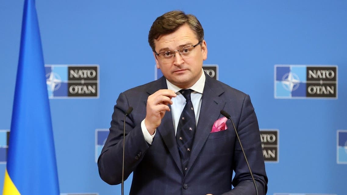 Ukraine’s Minister of Foreign Affairs Dmytro Kuleba gives a press conference after a meeting of NATO foreign ministers at NATO headquarters in Brussels on April 7, 2022. (AFP)