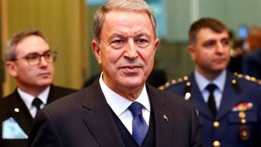 Turkey's Defence Minister Hulusi Akar attends a NATO defence ministers meeting at the Alliance headquarters in Brussels, Belgium February 12, 2020. (Reuters)