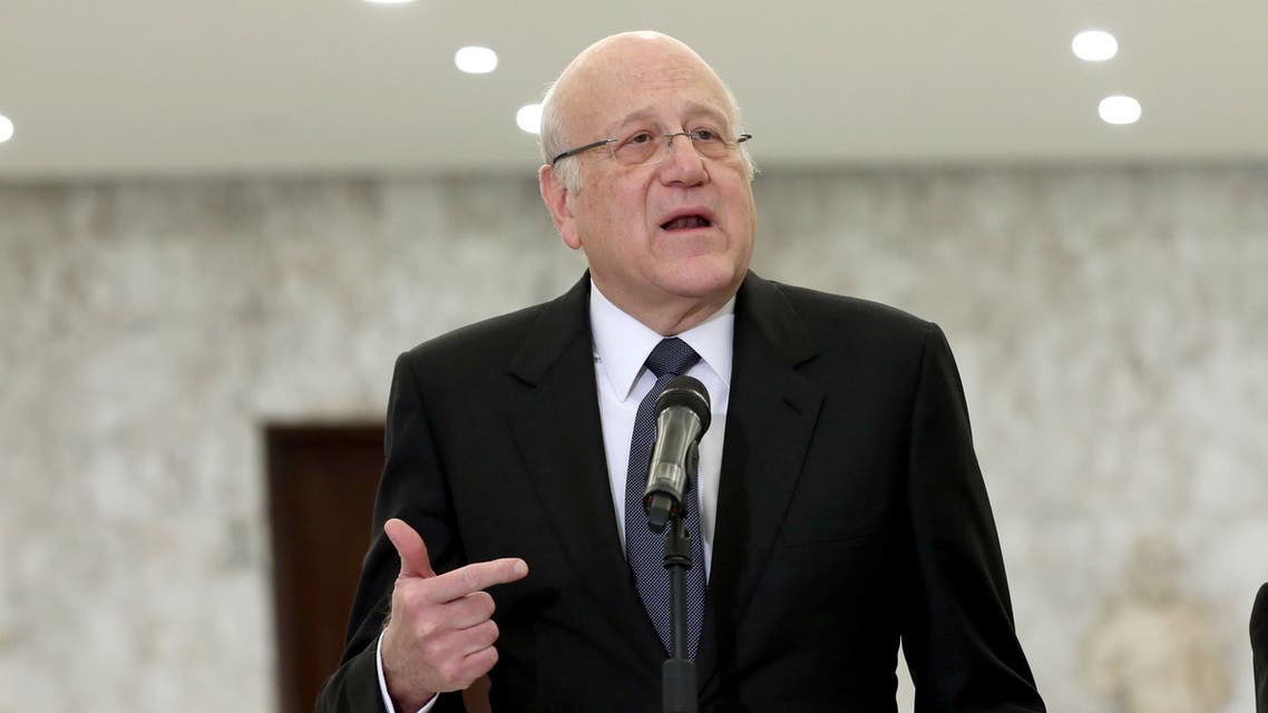 Lebanese Prime Minister Najib Mikati speaks at the presidential palace in Baabda, Lebanon February 10, 2022. Dalati Nohra/Handout via REUTERS ATTENTION EDITORS - THIS IMAGE WAS PROVIDED BY A THIRD PARTY