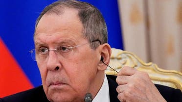 Russian Foreign Minister Sergei Lavrov attends a news conference after his talks with representatives of Arab League nations, in Moscow, Russia, on April 4, 2022. (Reuters)