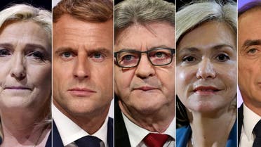 A combination picture shows five of the twelve candidates for the 2022 French presidential election, L-R: Marine Le Pen, leader of French far-right National Rally (Rassemblement National) party, French President Emmanuel Macron, Jean-Luc Melenchon, leader of far-left opposition La France Insoumise (France Unbowed - LFI) political party, Valerie Pecresse, head of the Paris Ile-de-France region and Les Republicains (LR) right-wing party candidate, Eric Zemmour, French far-right commentator and leader of far-right party Reconquete!, after the official announcement in Paris, France. Picture taken in 2021 and 2022. REUTERS/Staff/File Photo