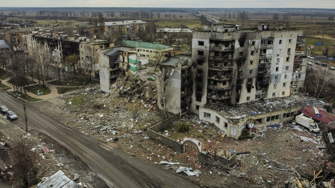 This aerial view taken on April 6, 2022 shows a destroyed residential building in the town of Borodianka, northwest of Kyiv, on April 6, 2022, during Russia's military invasion launched on Ukraine. (AFP)